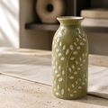 Small Green Ceramic Bottle Vase with Off-White Leafy Design, 15.5cm