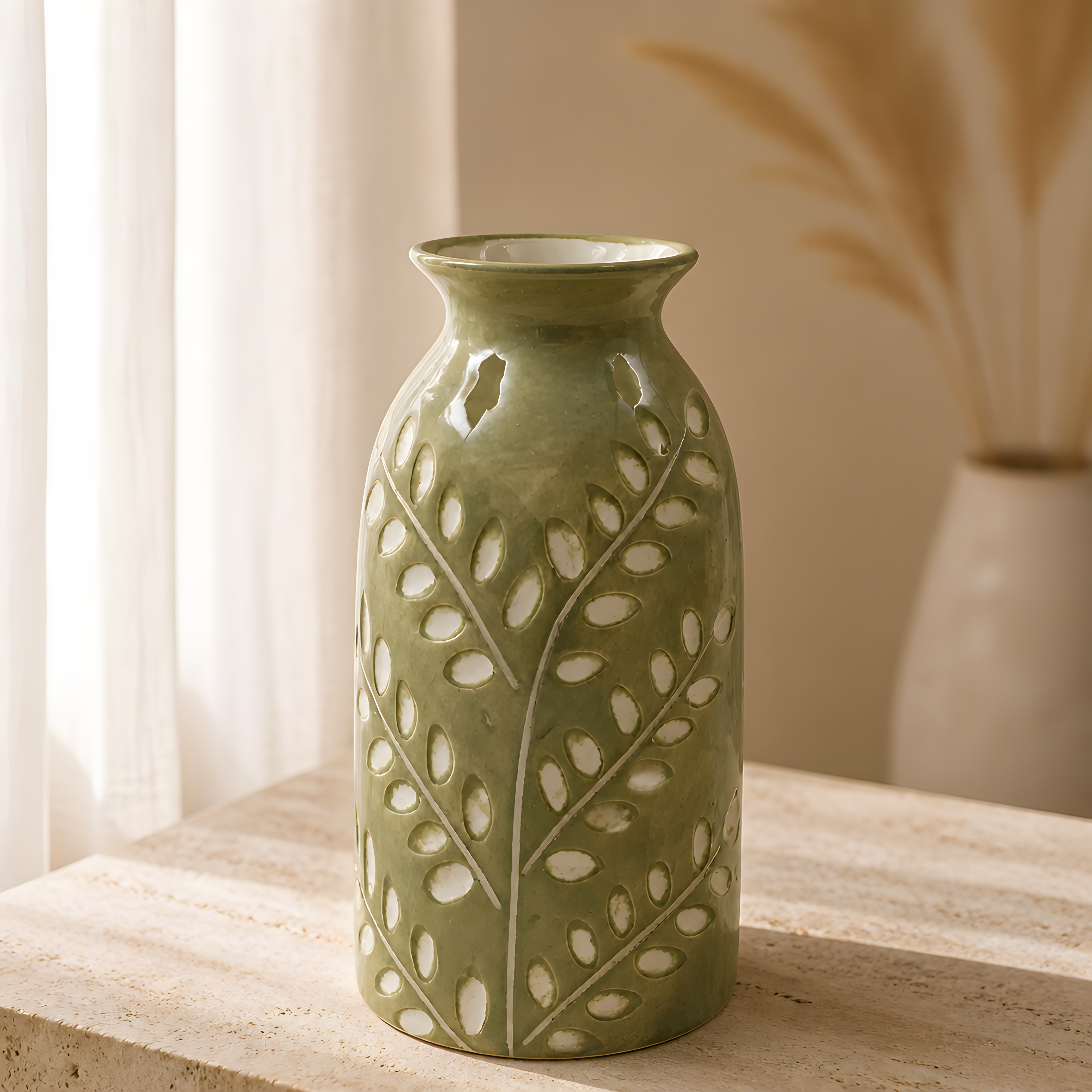 Small Green Ceramic Bottle Vase with Off-White Leafy Design, 15.5cm