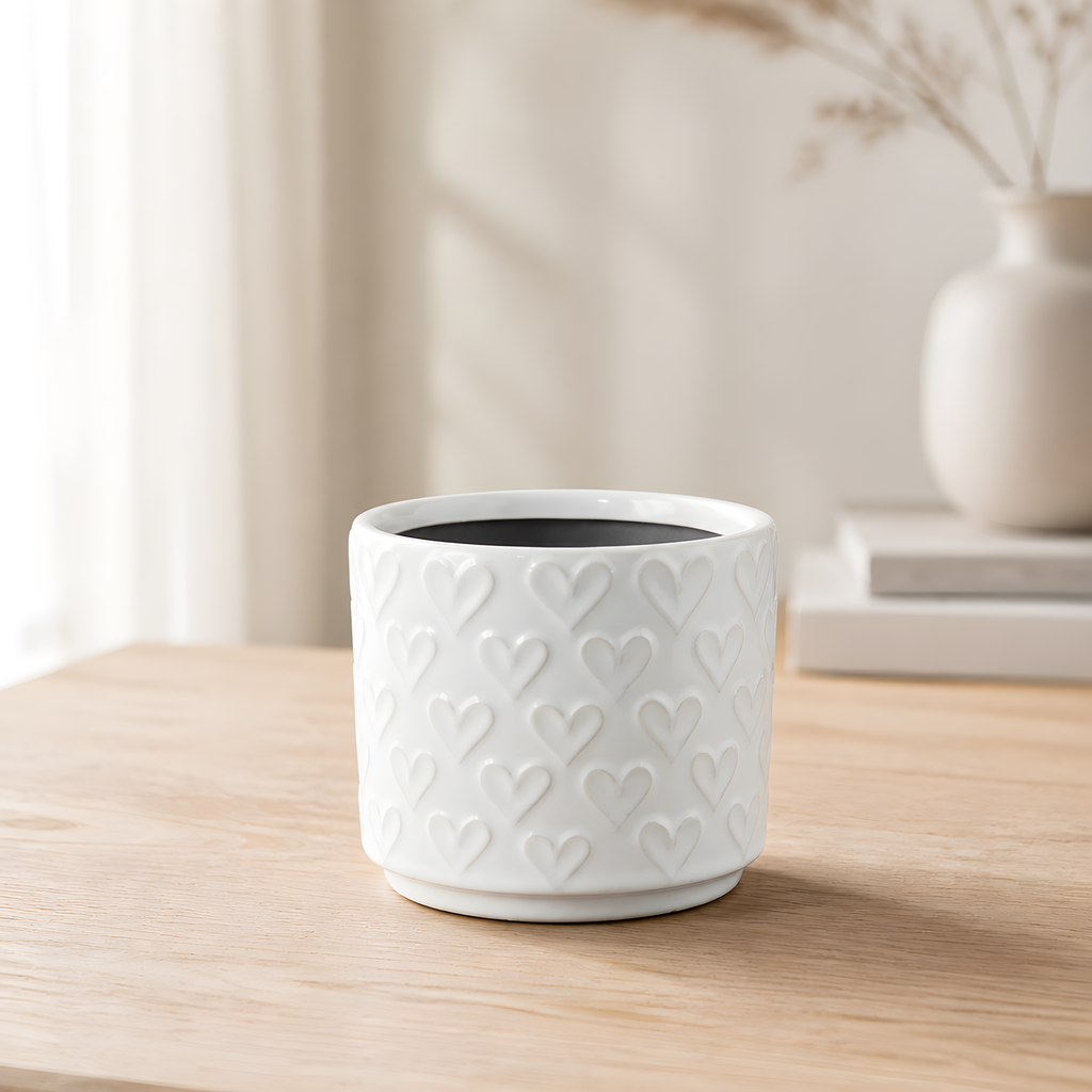 Ceramic White Heart Planter, 12cm – Glazed Stoneware with Repeat Heart Motif