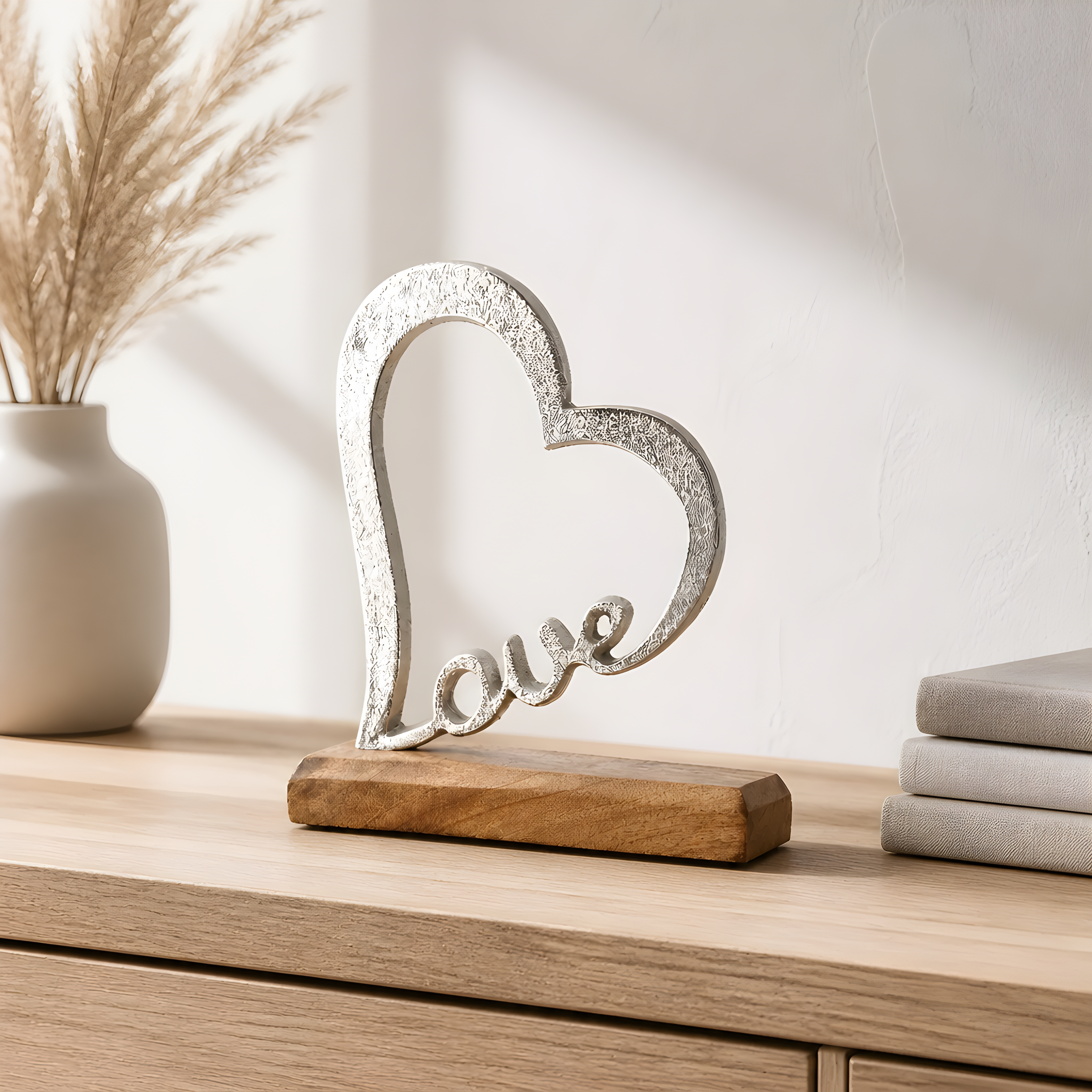 Silver Love Heart Ornament On Wood Block, 20.5cm