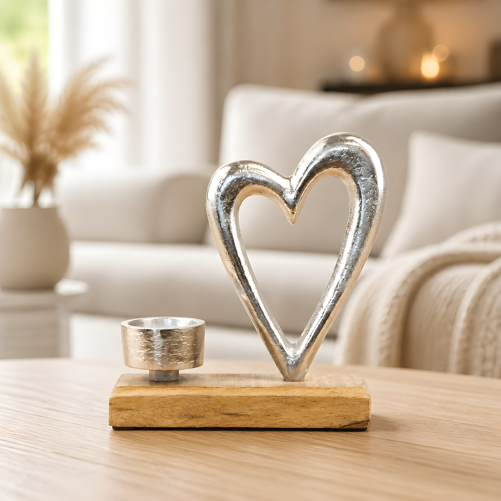 Silver Metal Heart Tealight Holder on Wood Block, 17cm