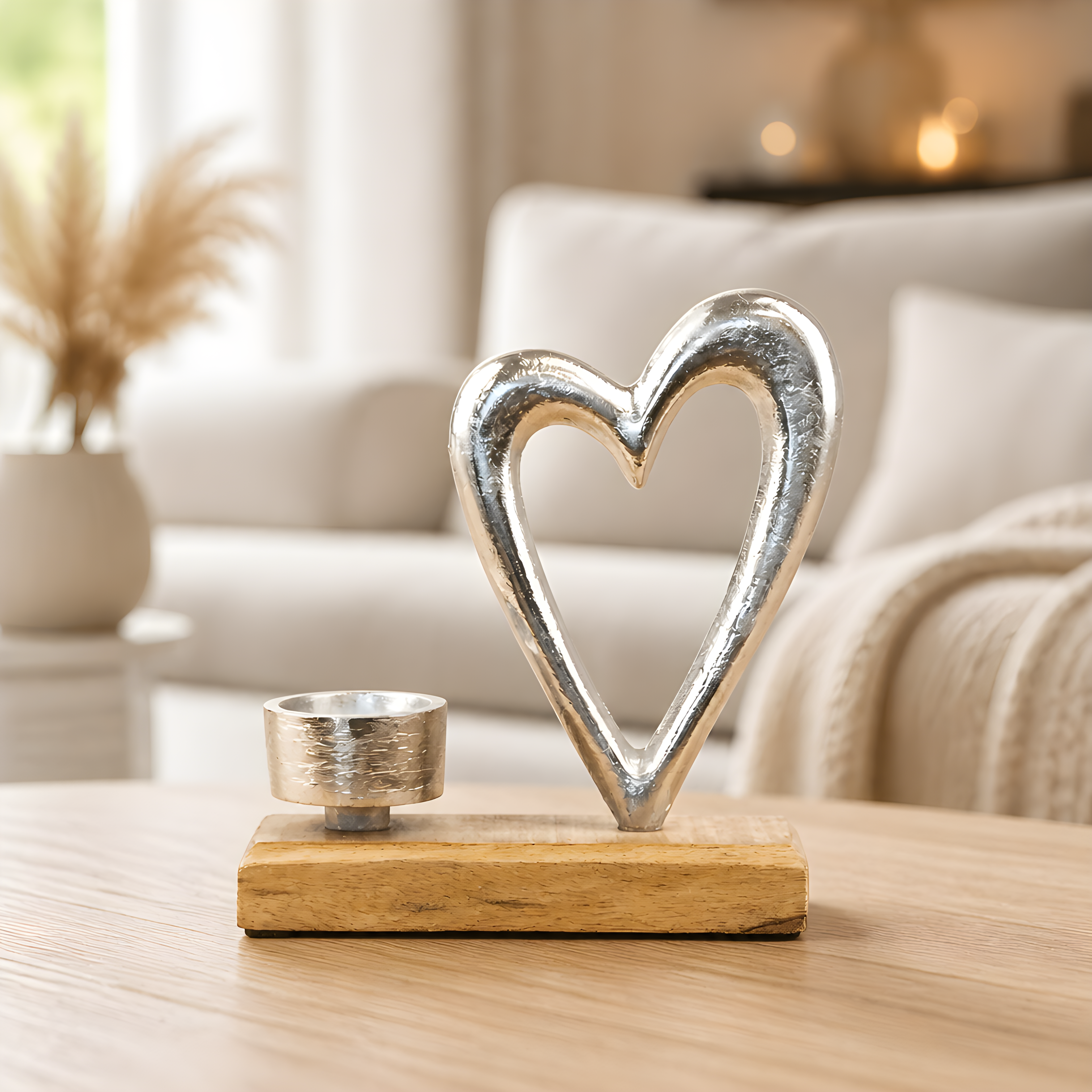 Silver Metal Heart Tealight Holder on Wood Block, 17cm