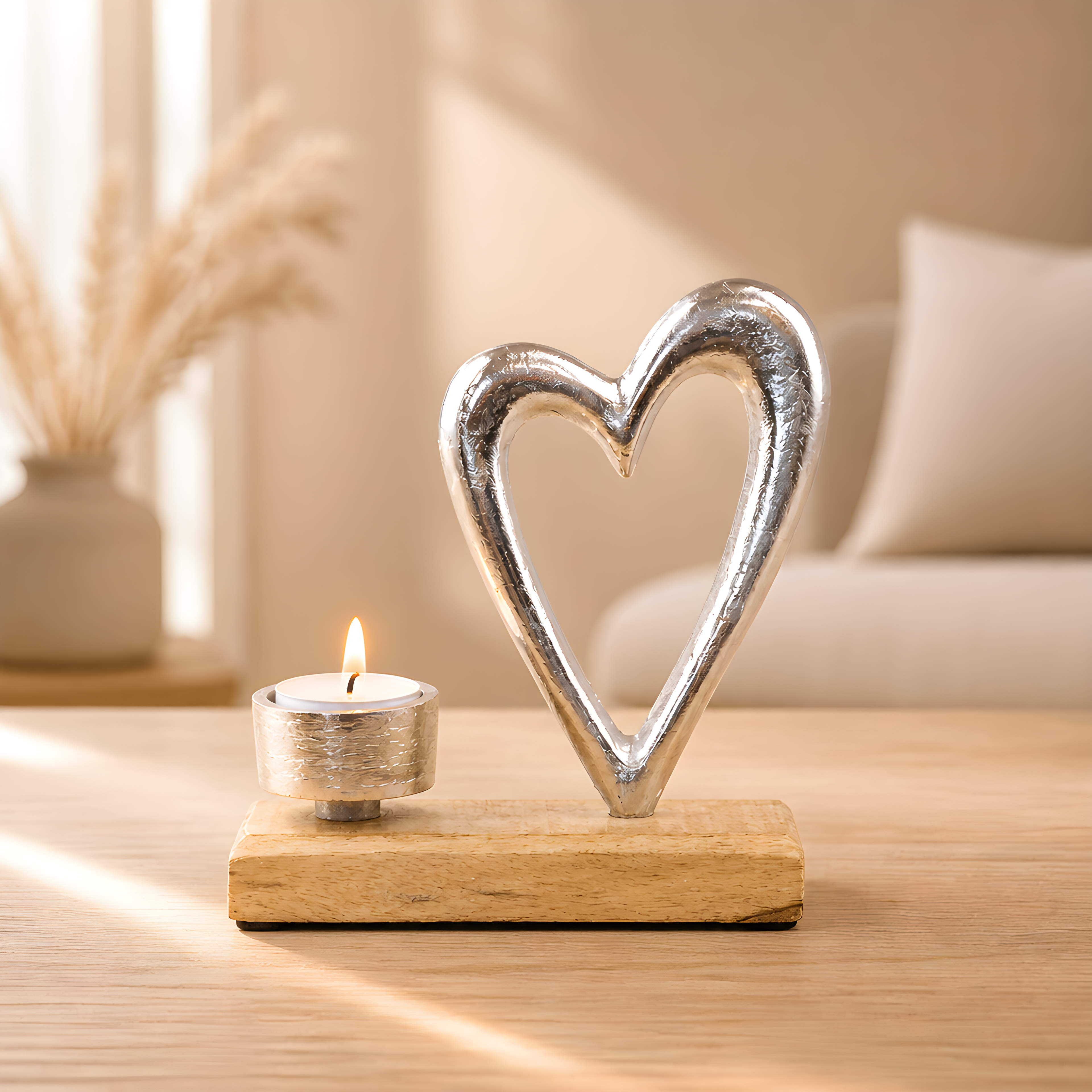 Silver Metal Heart Tealight Holder on Wood Block, 17cm