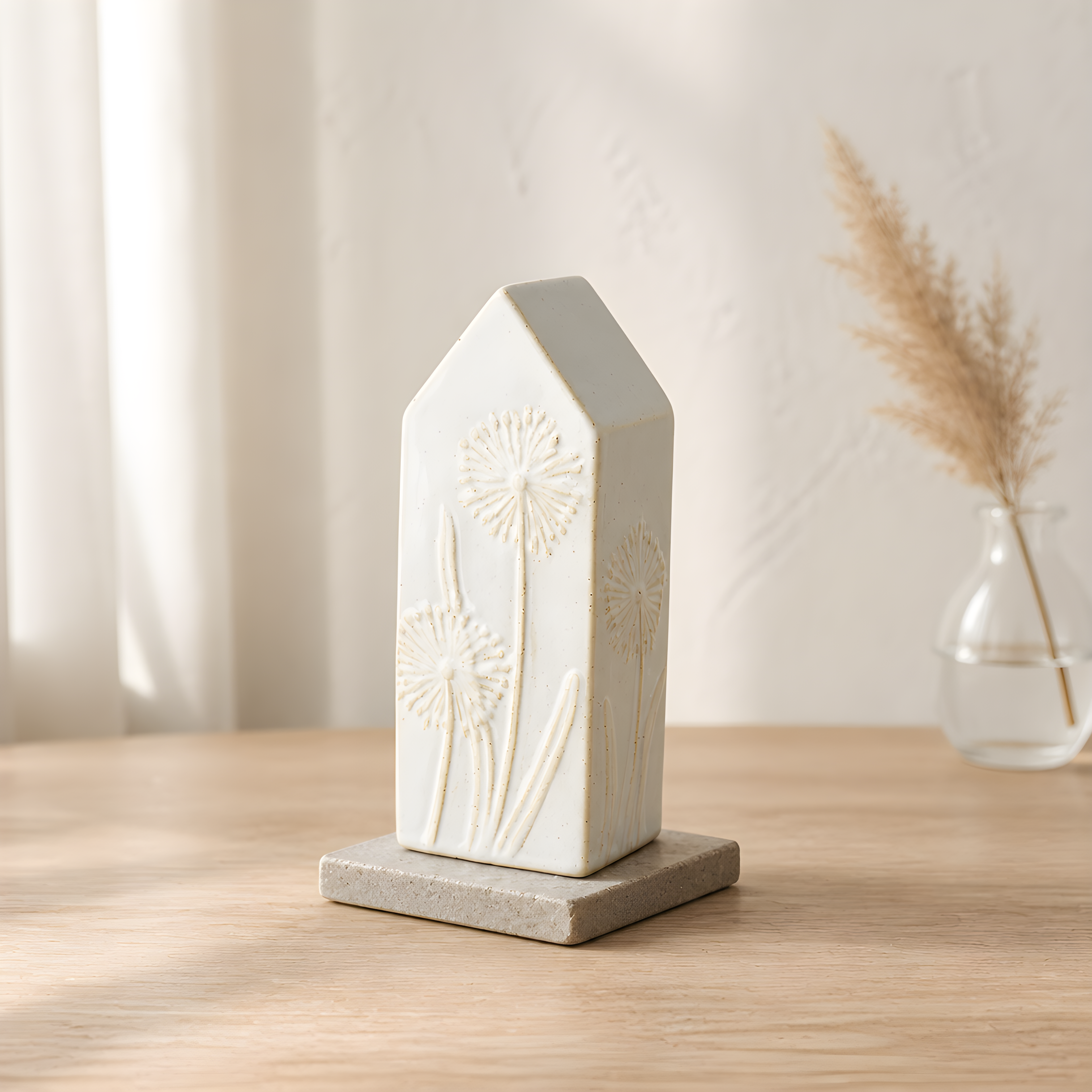 Ceramic House Ornament with Raised Dandelion Puffball Pattern, 17cm