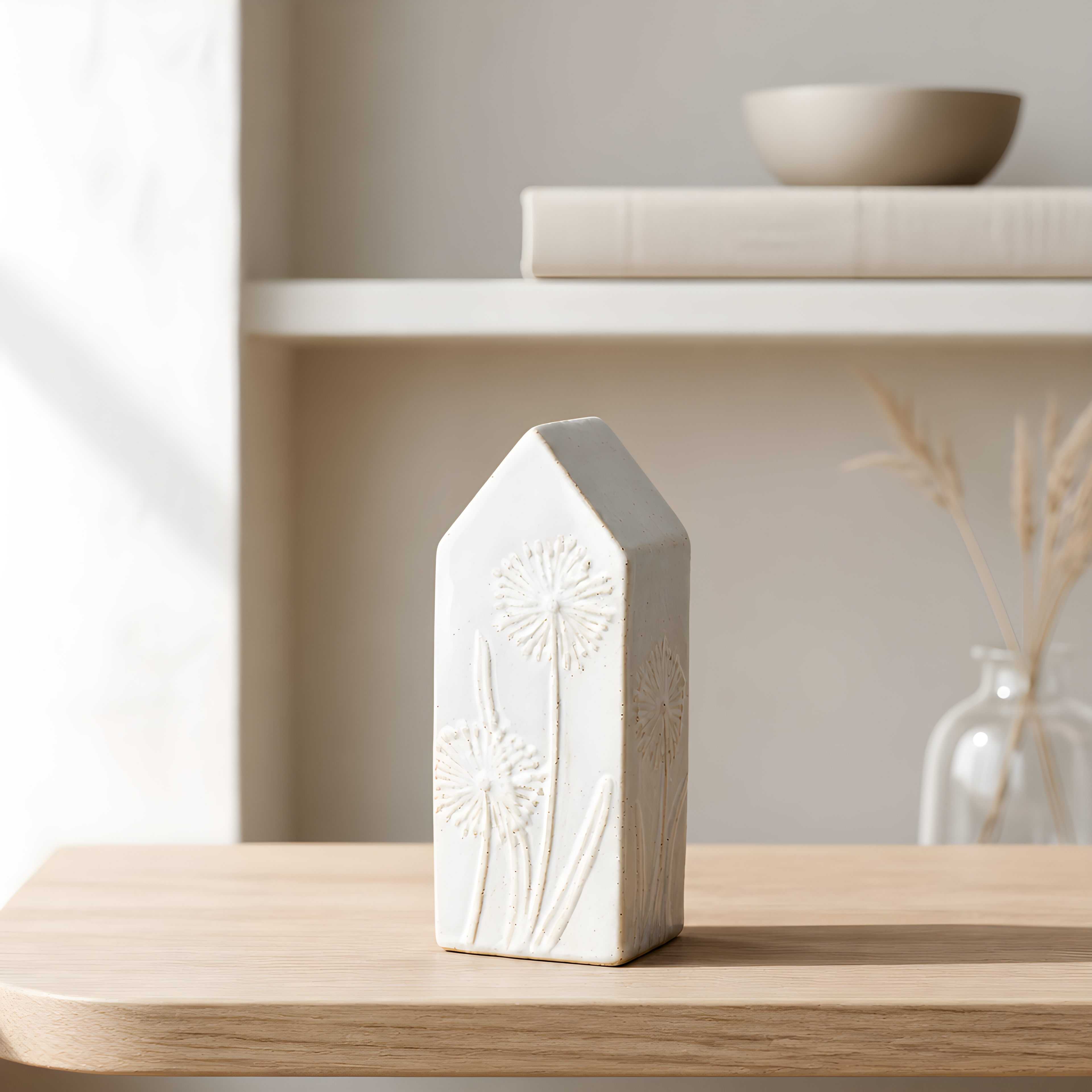 Ceramic House Ornament with Raised Dandelion Puffball Pattern, 17cm