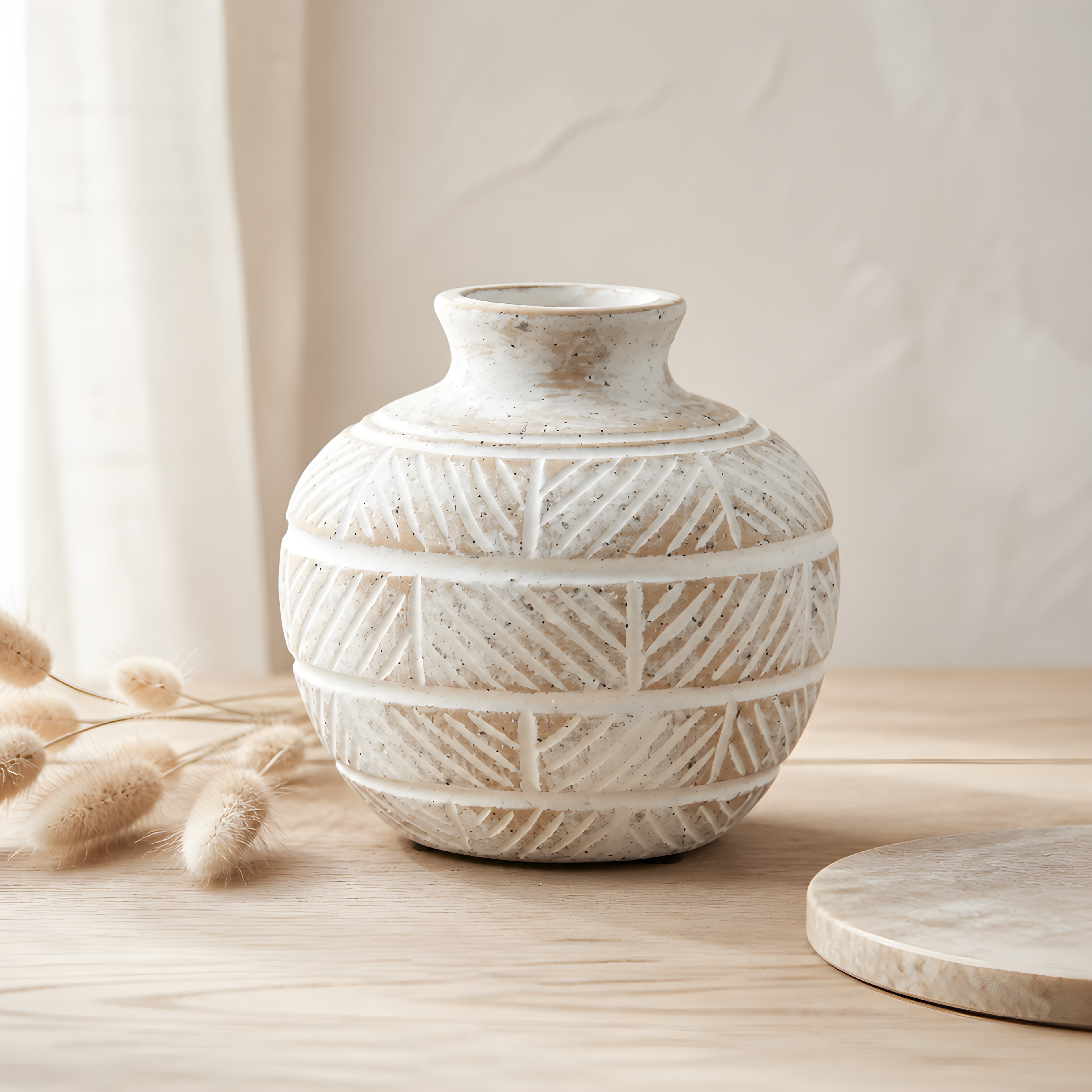 Ceramic Jabari Vase, 15cm – Natural with White Etched Brick Pattern