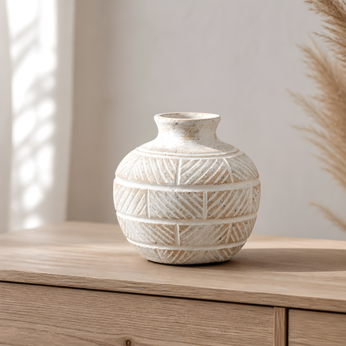 Ceramic Jabari Vase, 15cm – Natural with White Etched Brick Pattern