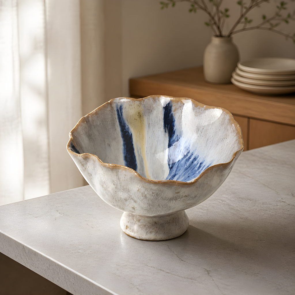 Porcelain White & Blue Wavy Bowl – Hand Painted, Available in 2 Sizes