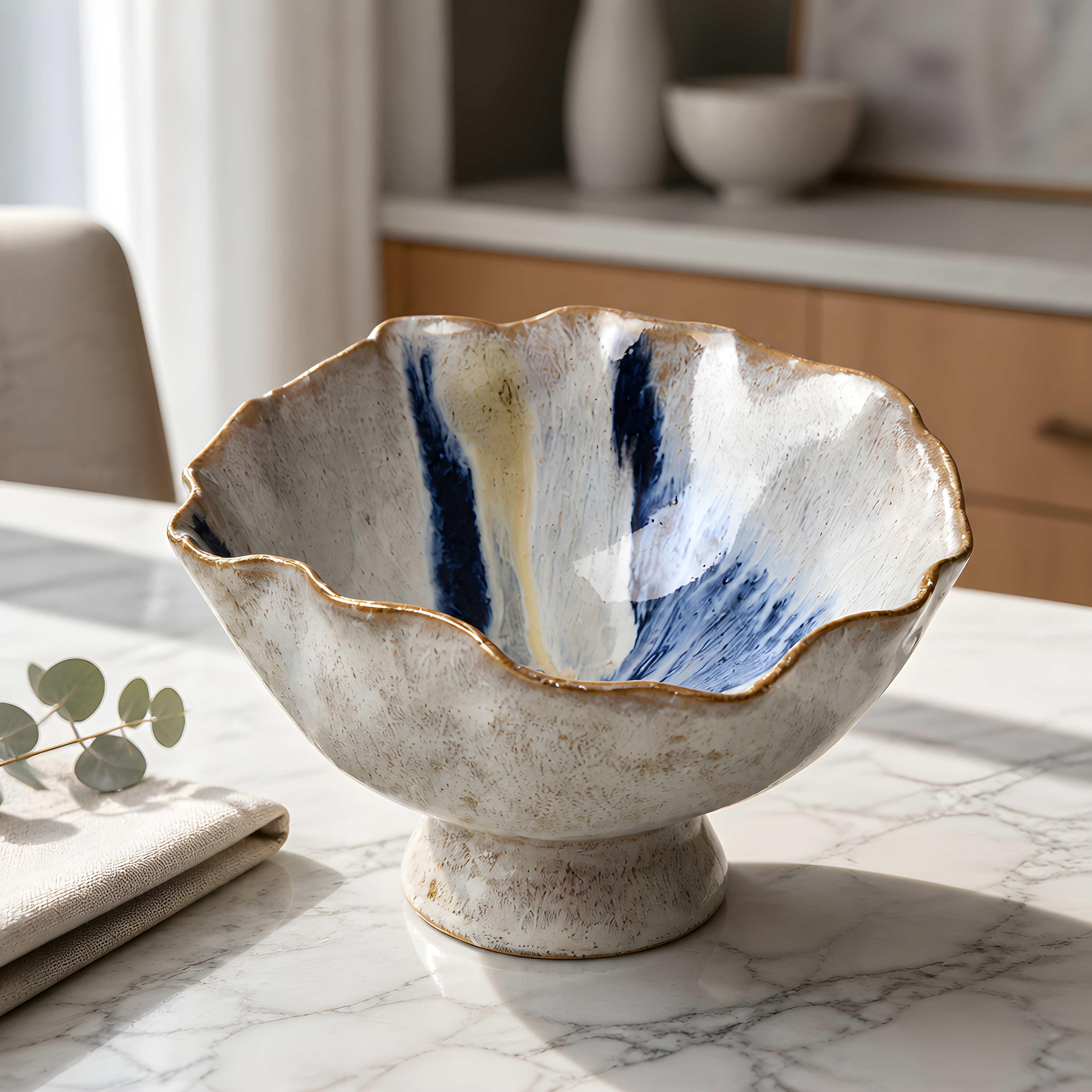 Porcelain White & Blue Wavy Bowl – Hand Painted, Available in 2 Sizes