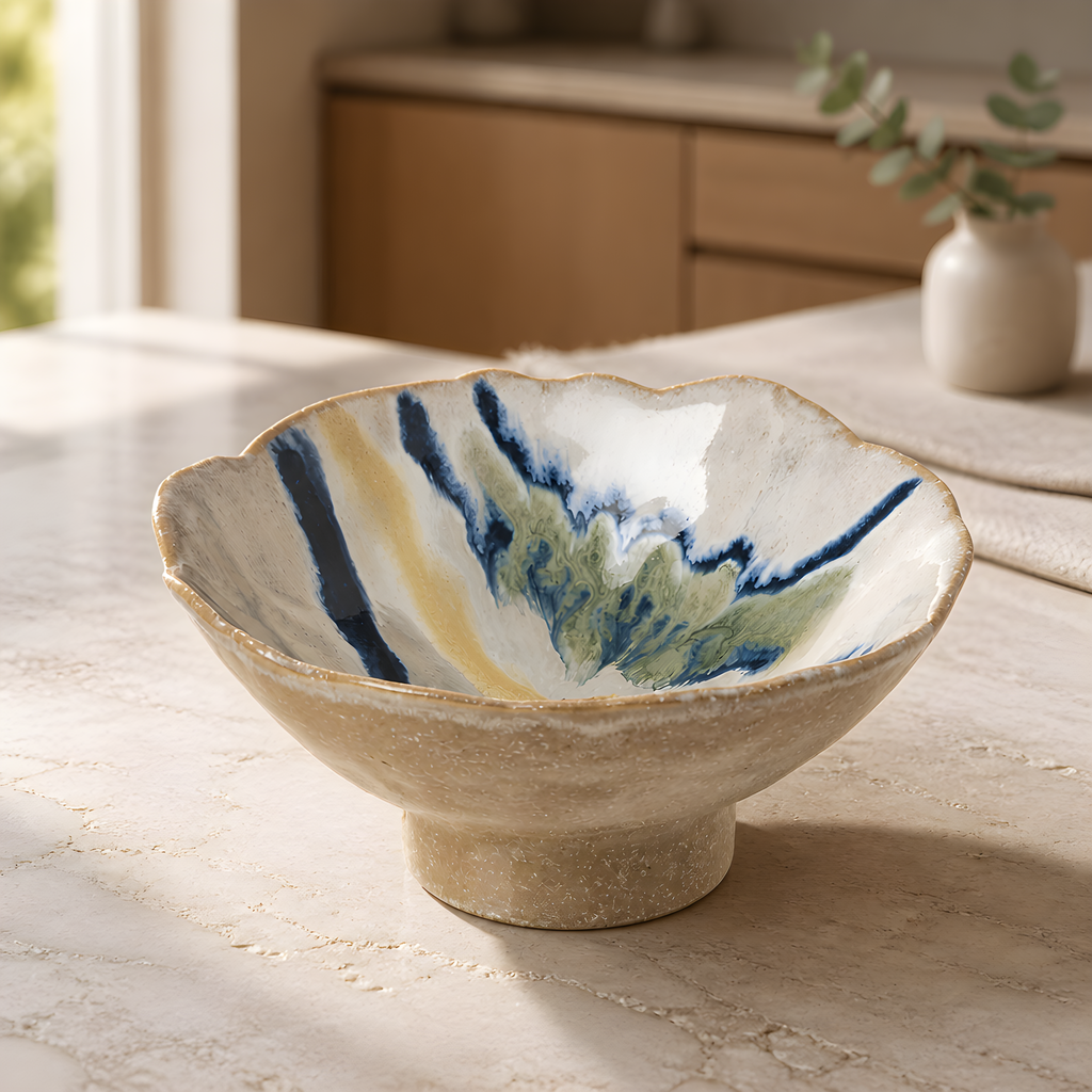 Porcelain White & Blue Wavy Bowl – Hand Painted, Available in 2 Sizes