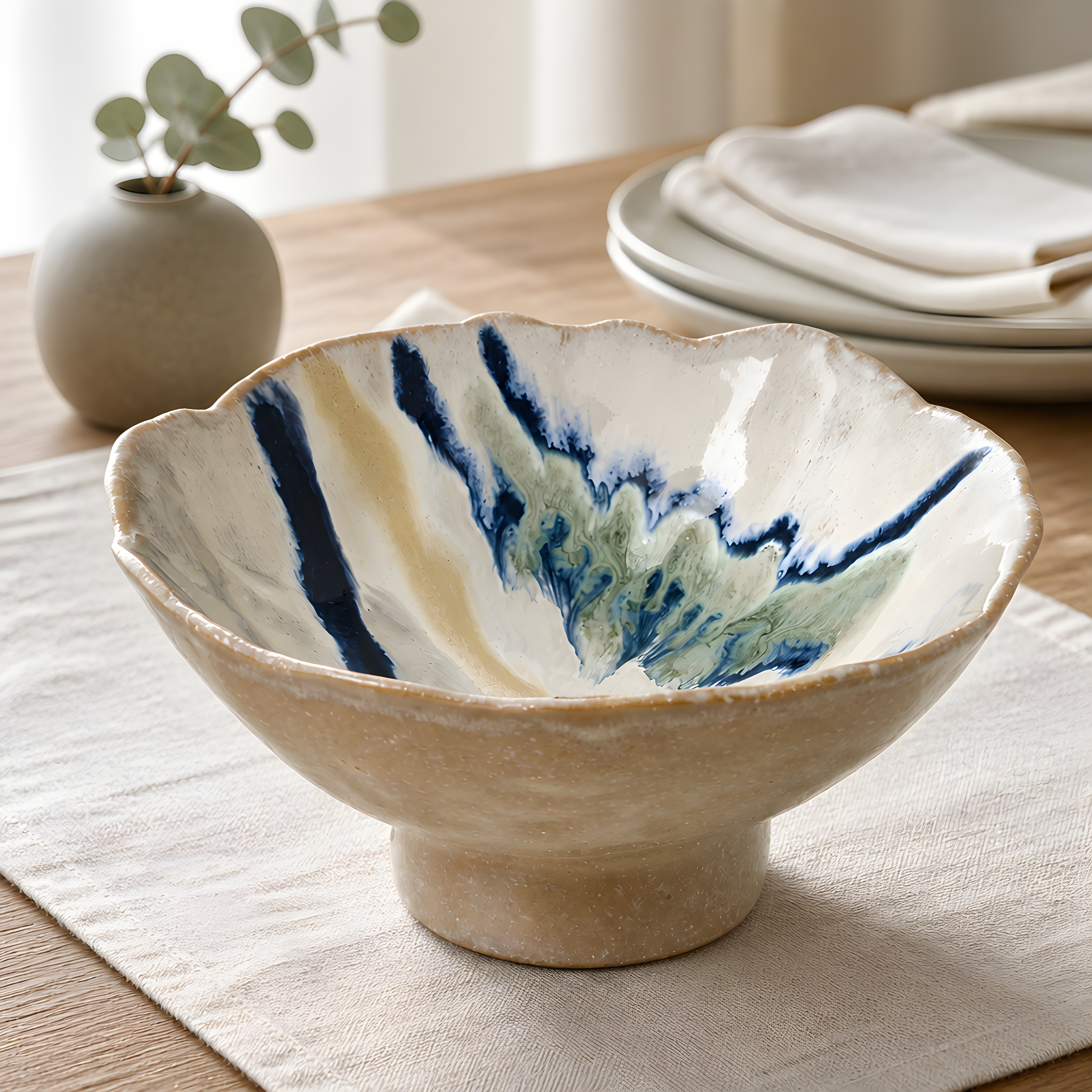 Porcelain White & Blue Wavy Bowl – Hand Painted, Available in 2 Sizes