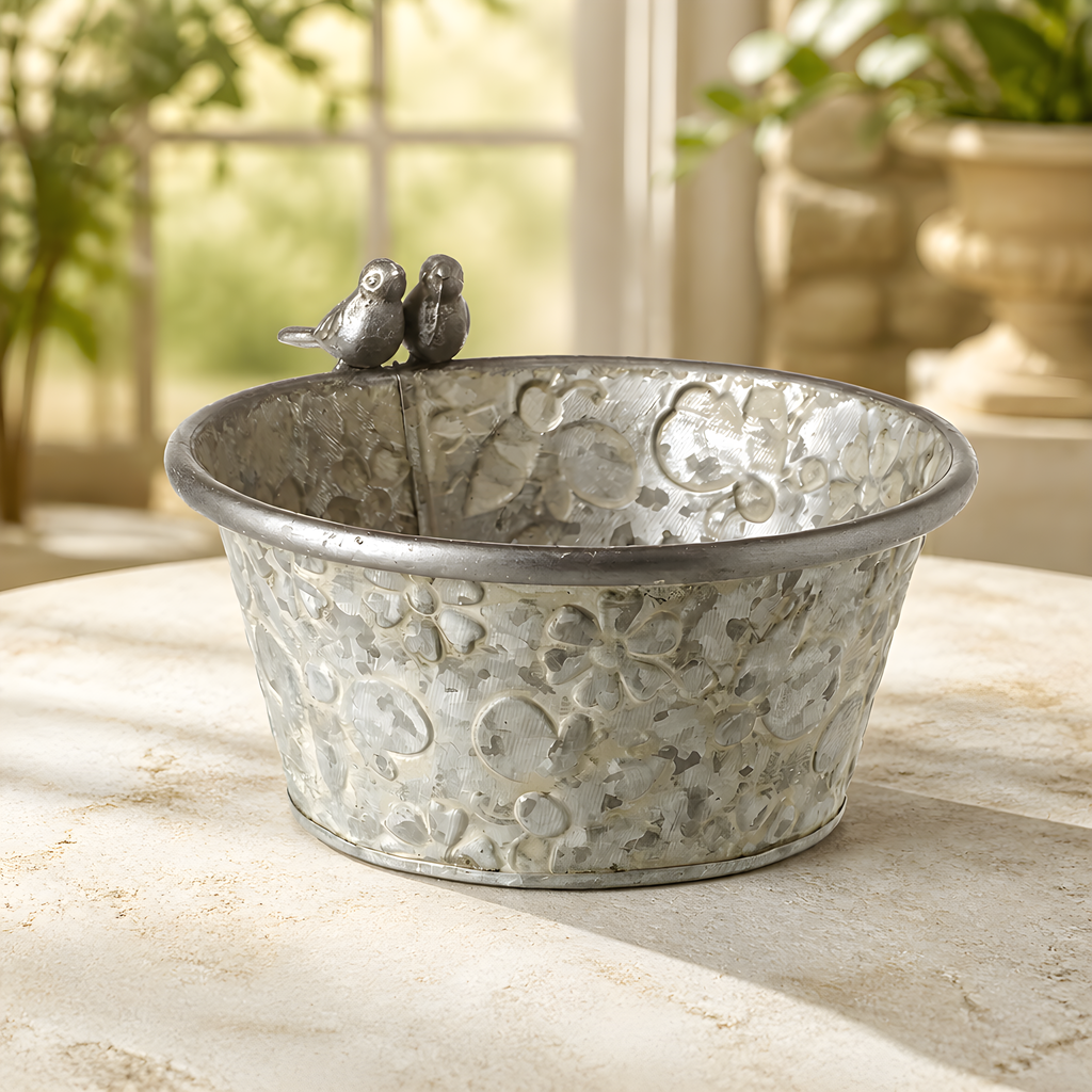 Metal Pot With Bird Deco, 21cm – Embossed Botanical Pattern