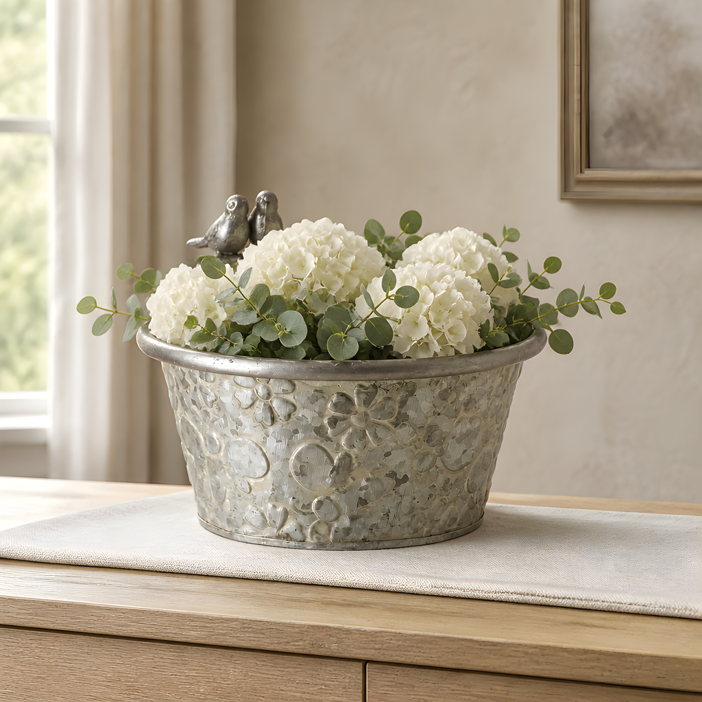 Metal Pot With Bird Deco, 21cm – Embossed Botanical Pattern