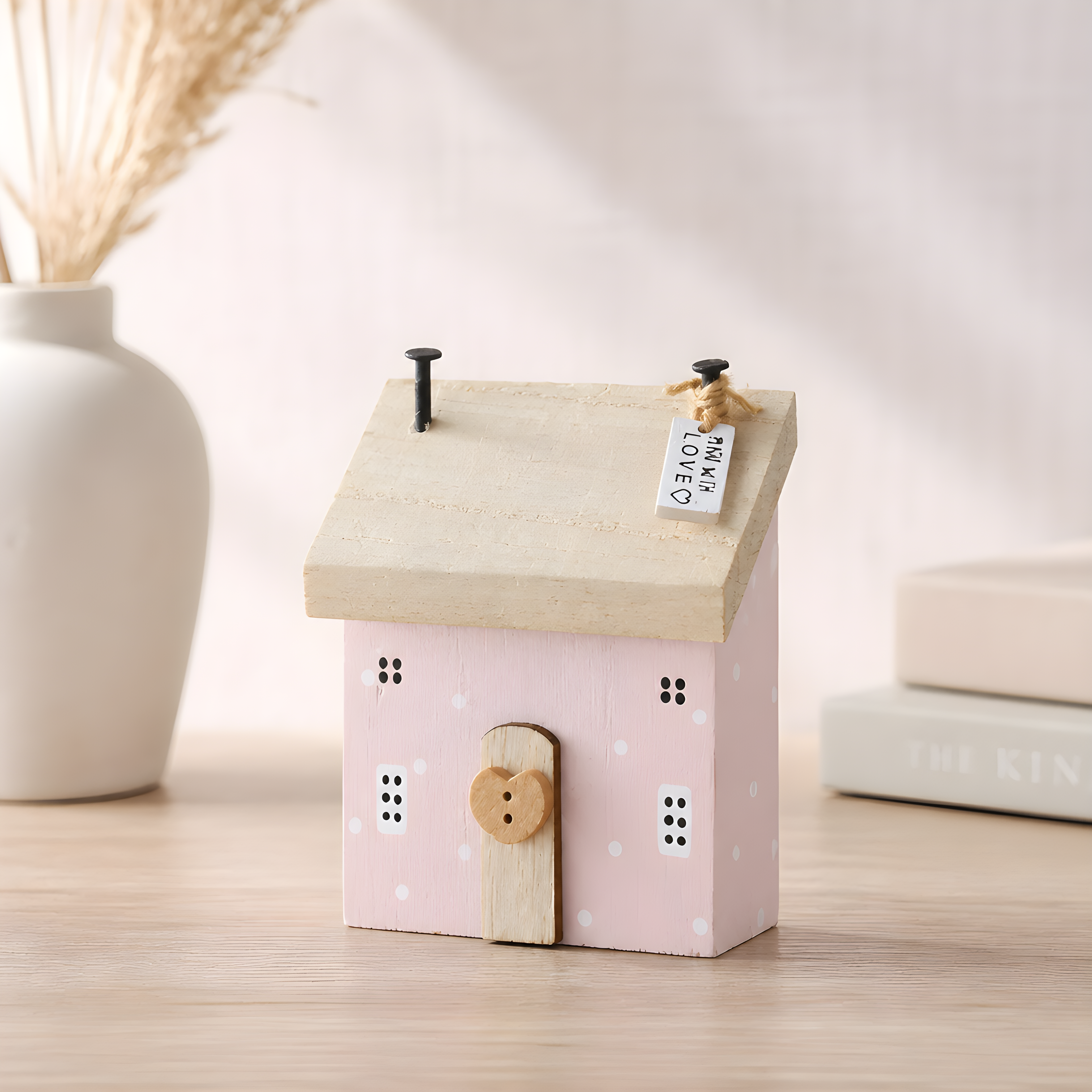 Wooden Pink House Decoration with Heart & Made With Love Tag