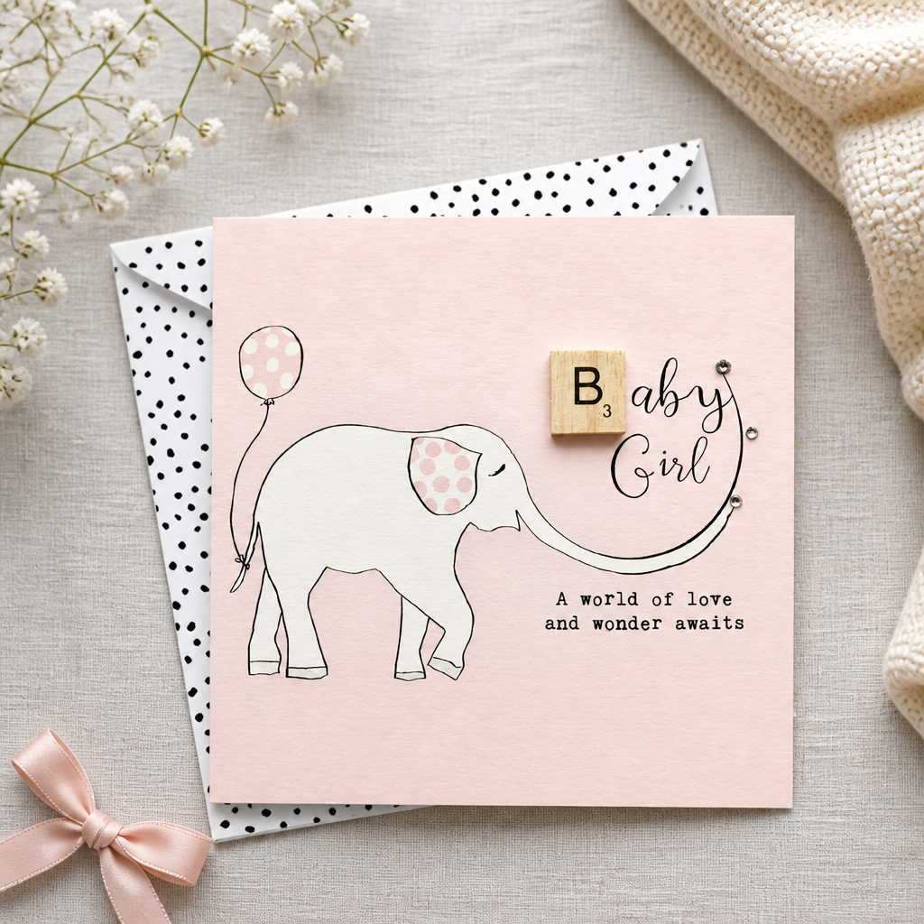 New Baby Card with Wooden Scrabble Letter Tile, Elephant Design , 15cm x 15cm