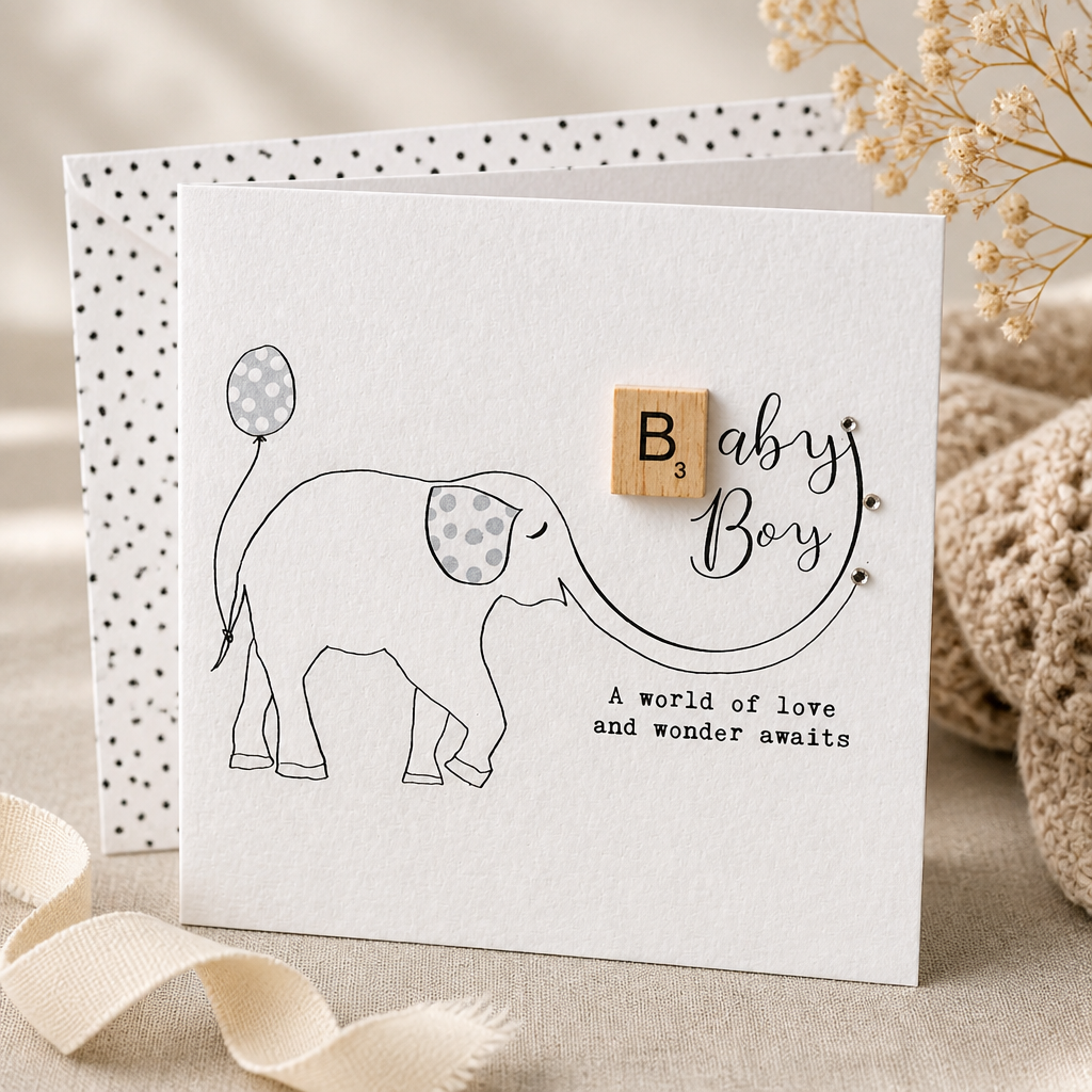 New Baby Card with Wooden Scrabble Letter Tile, Elephant Design , 15cm x 15cm
