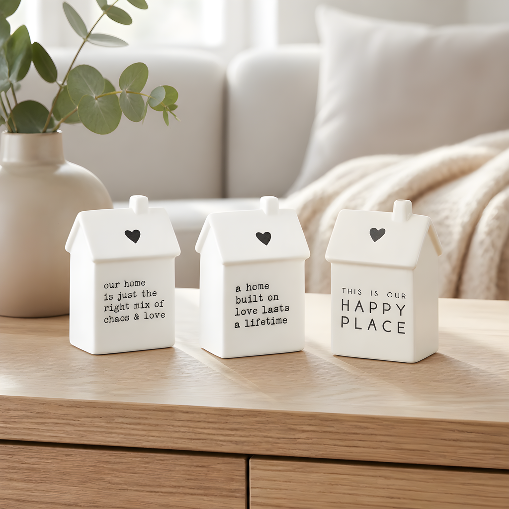 Dainty Porcelain House Ornament with Scripted Sentiment