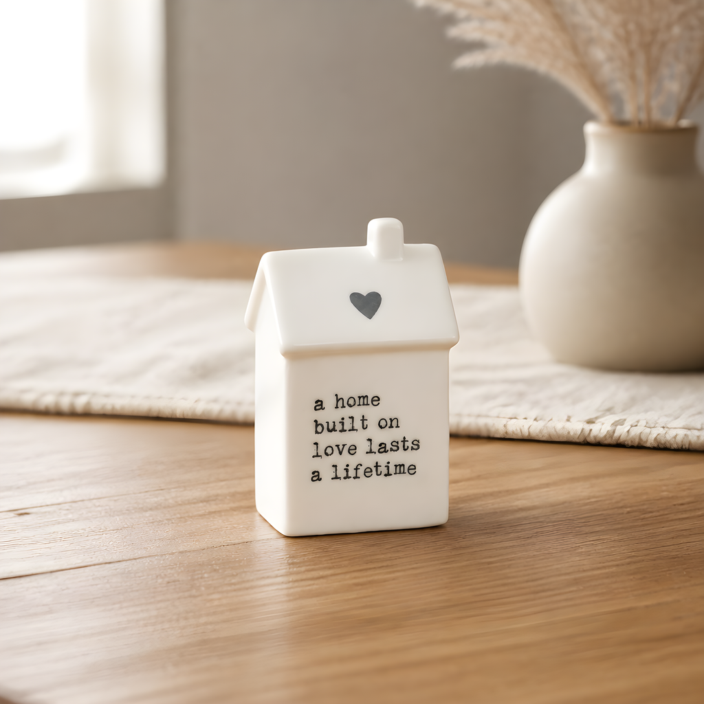 Dainty Porcelain House Ornament with Scripted Sentiment