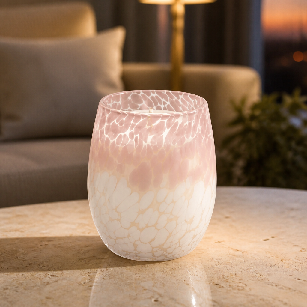 Stemless Wine Glass Candle : Blush Pink & White Print (Lily Blossom & Lotus Flower)
