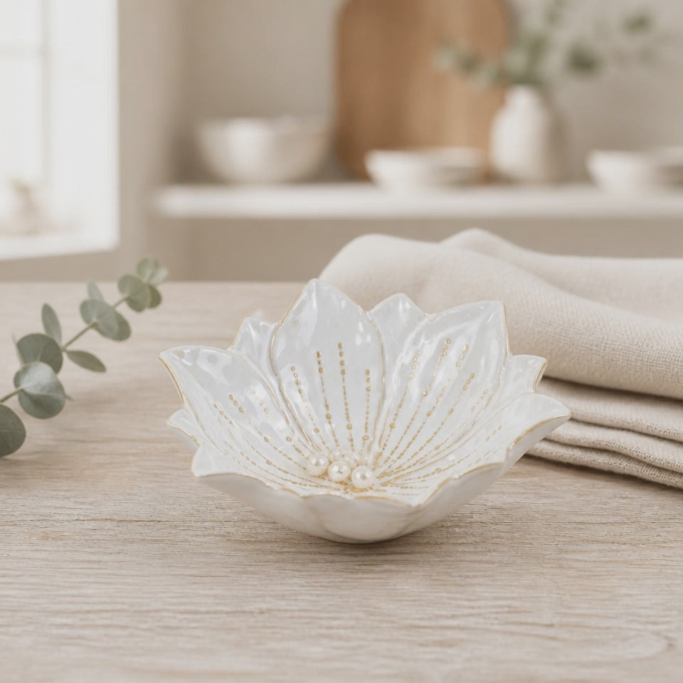 Ceramic Flower Trinket Dish, 13cm – Natural & White
