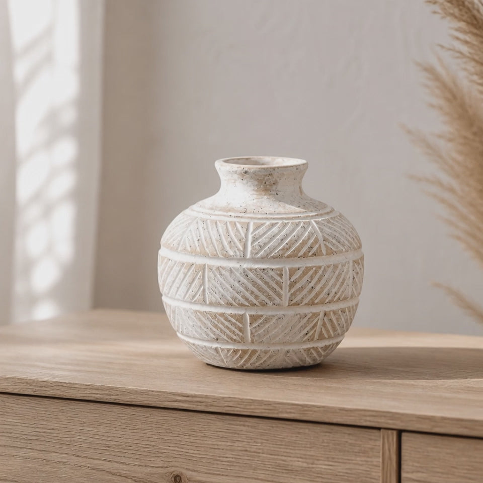 Ceramic Jabari Vase, 15cm – Natural with White Etched Brick Pattern